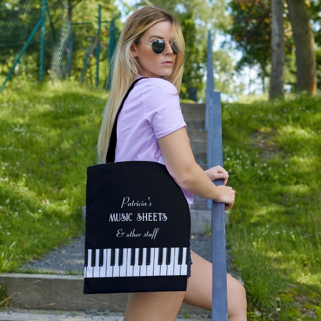 Piano tangentbord och anpassade, svart och vit tygkasse (Piano keyboard and customizable script back and white tote bag)