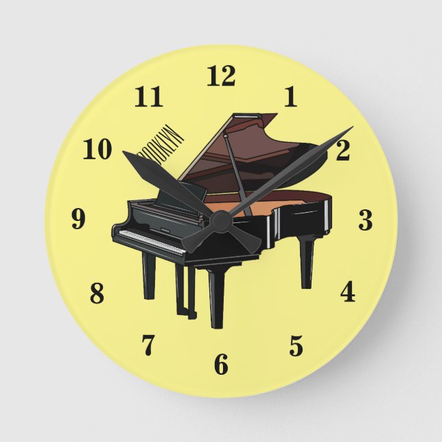 Piano-tecknad illustration rund klocka (Framsida)
