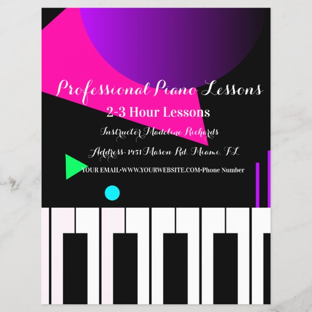 Pianolektion Neon Tangentbordsinstruktör handledar Reklamblad (Framsidan)