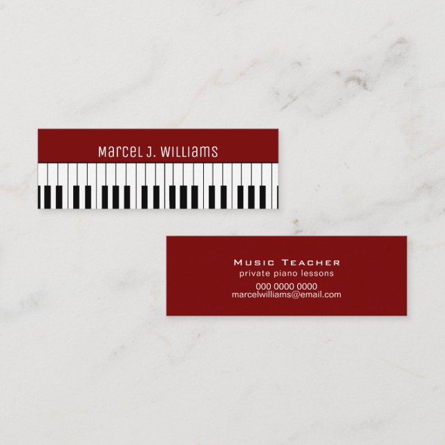 Pianolektioner Musiklärare mörkröd Mini Visitkort (Fram/baksida)