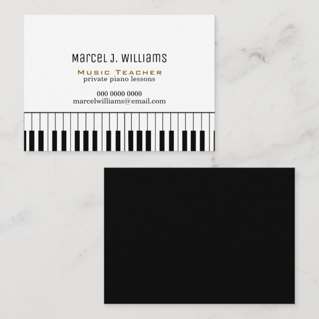 Pianolektioner Musiklärare svart/vit Visitkort (Fram/baksida)
