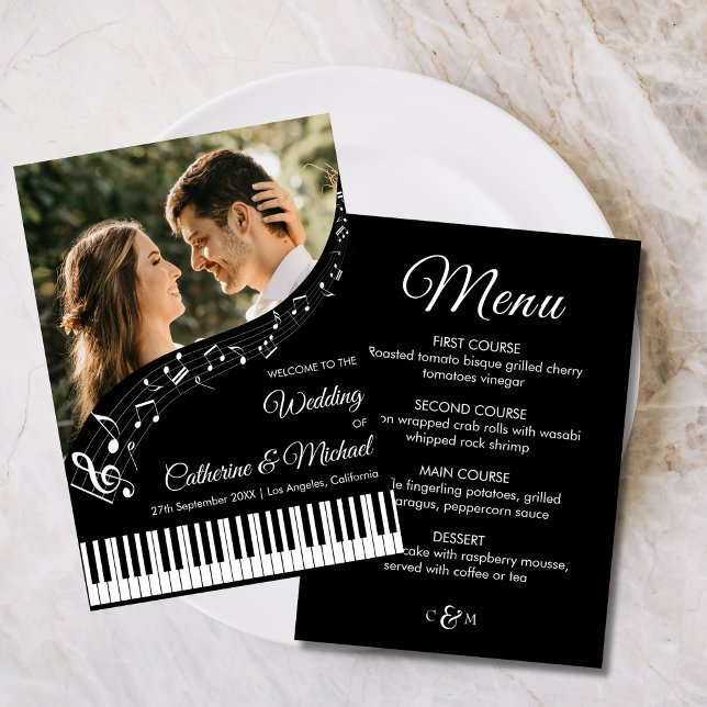 Pianomusik Svart & Vitt Foto Monogram Bröllop Meny (Top view vintage music keyboard musical with harmonic love classic melody wedding menu)