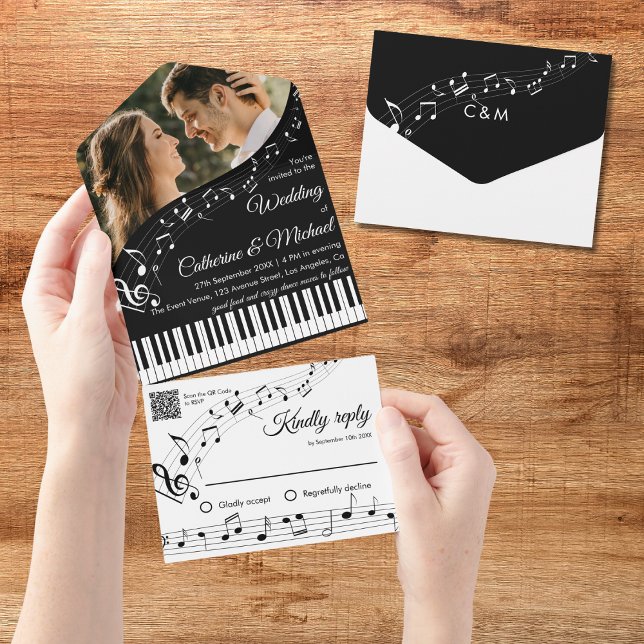 Pianomusik Svart & Vitt Foto QR-kod Bröllop (Top view romantic piano keys with orchestra grand piano love story wedding trifold invitation)