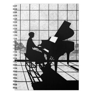 Pianosilhuett Art Deco-stil Svart och Vitt Anteckningsbok Med Spiral