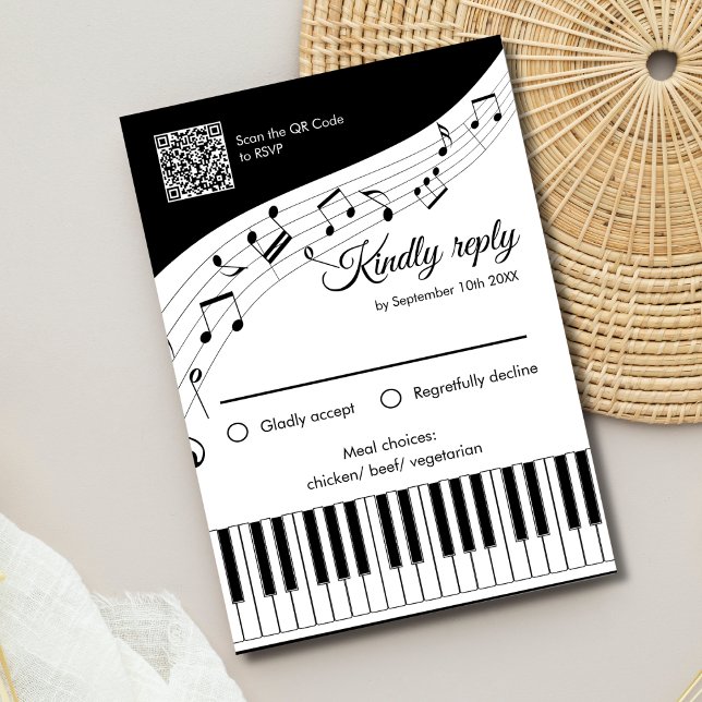 Pianotangent Musikaliska Noter QR-kod Bröllop OSA Kort (Angled view song lyrics music lover with romantic piano keys wedding rsvp card)