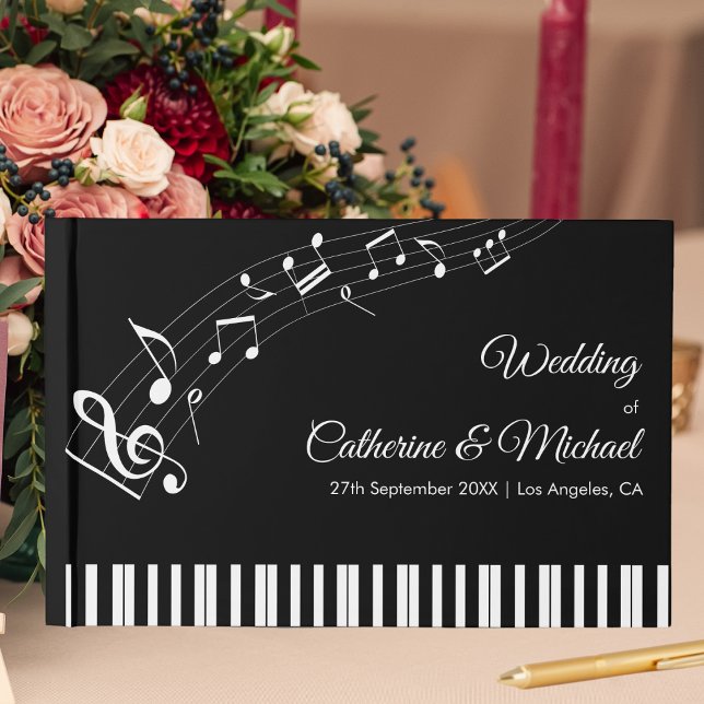 Pianotangent Musikaliska Noter Svart & Vit Bröllop Gästböcker (Front view romantic piano keys with timeless modern symphony style wedding guestbook)