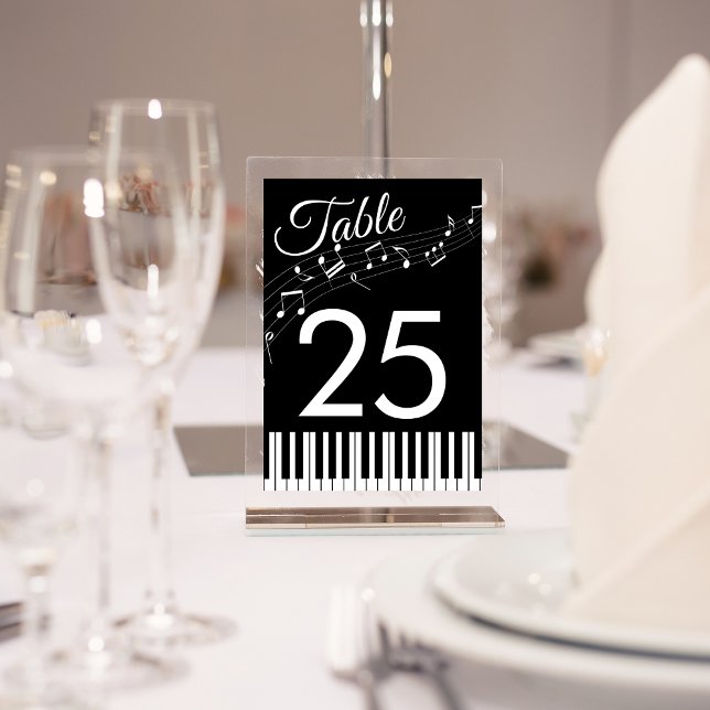 Pianotangentar Musikaliska Noter Svart & Vit Bröll Bordsnummer (Front view classic melody themed ceremony with timeless modern symphony style wedding table number)