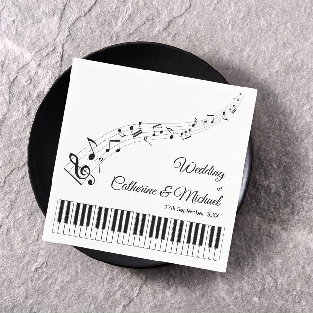 Pianotangentar Musikaliska Noter Svart & Vit Bröll Pappersservett (Top view classic melody themed ceremony with black white musical notes wedding napkin)