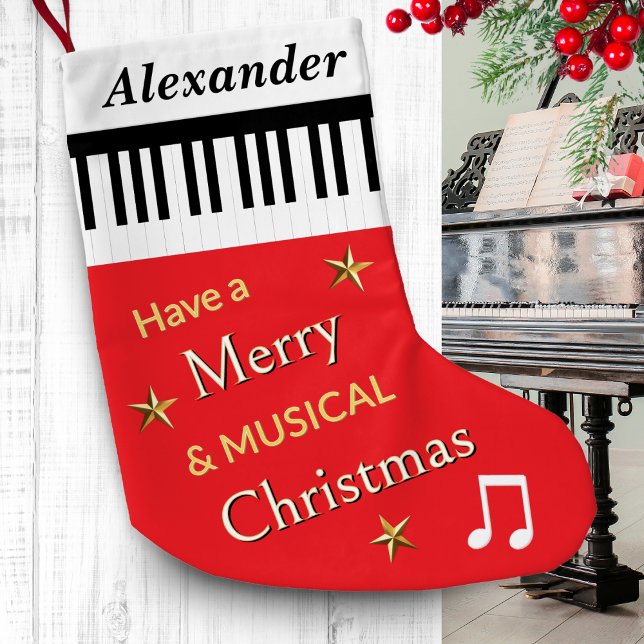 Pianotangenter Ljusröda Musiktematiserade Personli Liten Julstrumpa (A personalized Christmas stocking, in red with piano keys pattern and festive greeting)