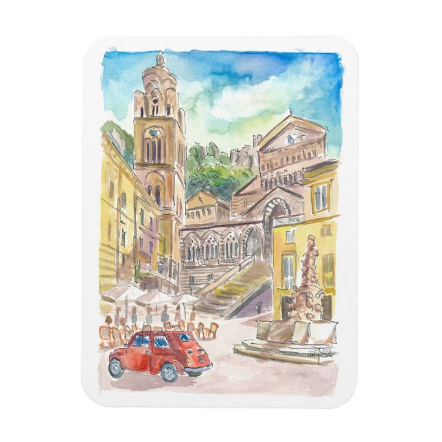 Piazza Duomo i Amalfi Driving in Red Car i Bukt Magnet (Vertikal)