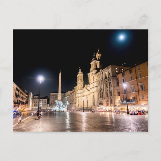 Piazza Navona på natten under fullmåne - Rom Vykort (Framsida)
