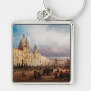 Piazza Navona Rom Marknad 1850-talet Konst Fyrkantig Silverfärgad Nyckelring