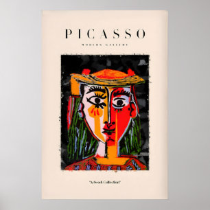 Picasso Kvinna med hatt röd gul ansikte porträtt Poster