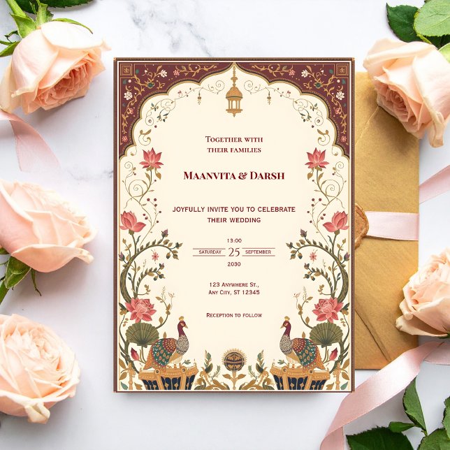 Pichwai Indian Lotus Peacock Wedding Invitation Inbjudningar (Skapare uppladdad)