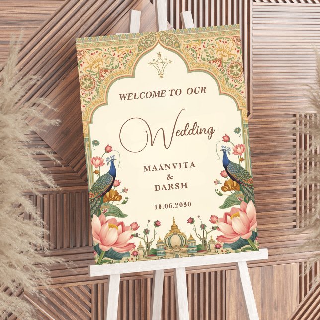 Pichwai Indian Lotus Peacock Wedding Welcome Sign Poster (Skapare uppladdad)