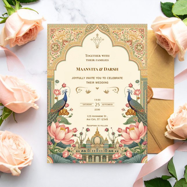 Pichwai Indian Peacock Lotus Wedding Invitation Inbjudningar (Skapare uppladdad)