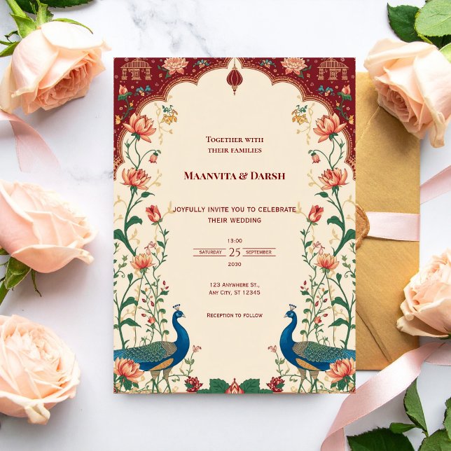 Pichwai Indian Peacock Wedding Invitation Inbjudningar (Skapare uppladdad)