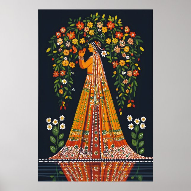 Pichwai konsttryck Traditionell indisk kvinna blom Poster (Framsidan)