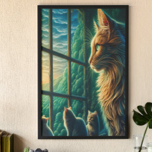 Pickad trio vid fönster poster