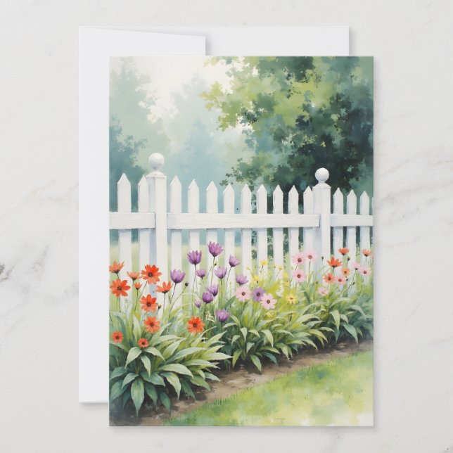 Picket Fence with Flowers Think of You Flat Kort (Framsida)