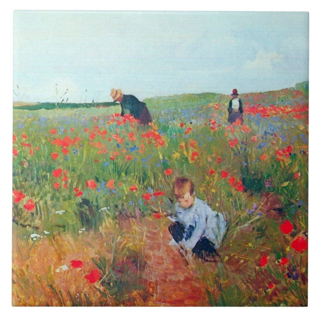 Picking Flowers in a Fält, Mary Cassatt Kakelplatta (Framsidan)