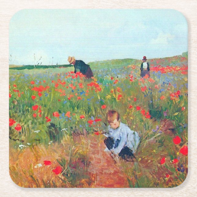 Picking Flowers in a Fält, Mary Cassatt Underlägg Papper Kvadrat (Framsidan)