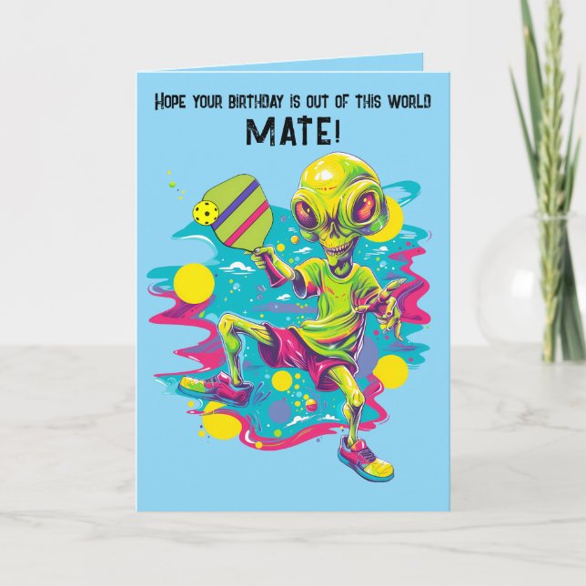 Pickleball Alien Grattis på födelsedagen-kort Helgkort (Framsida)