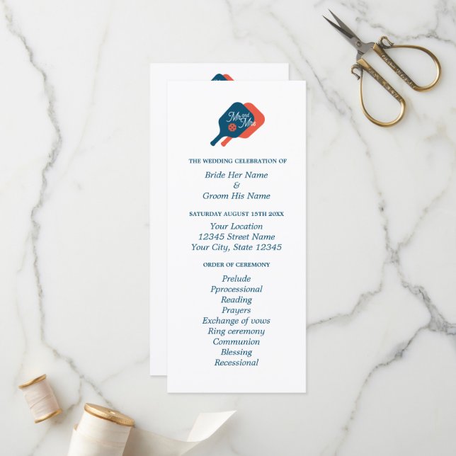 Pickleball älskare bröllop-ceremonin program (Fram/Back In Situ)