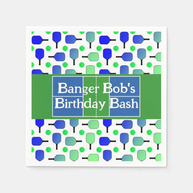 Pickleball Birthday Blue Grönt Paddle Boll Banging Pappersservett (Framsidan)