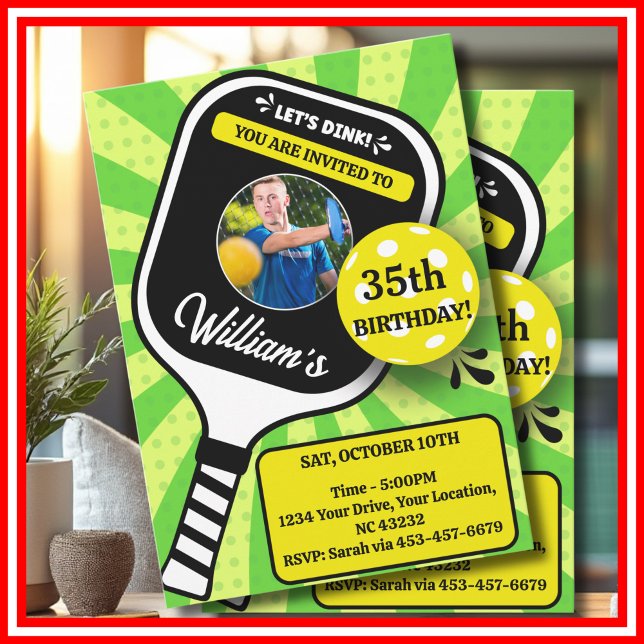Pickleball Birthday RETRO Grönt Sports PHOTO Inbjudningar (Pickleball Birthday RETRO Green Stripes Sports PHOTO Invitation )