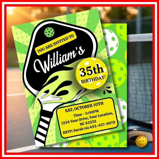 Pickleball Birthday RETRO Rand Grönt Sports Inbjudningar (Pickleball Birthday RETRO Stripes Green Sports Invitation)