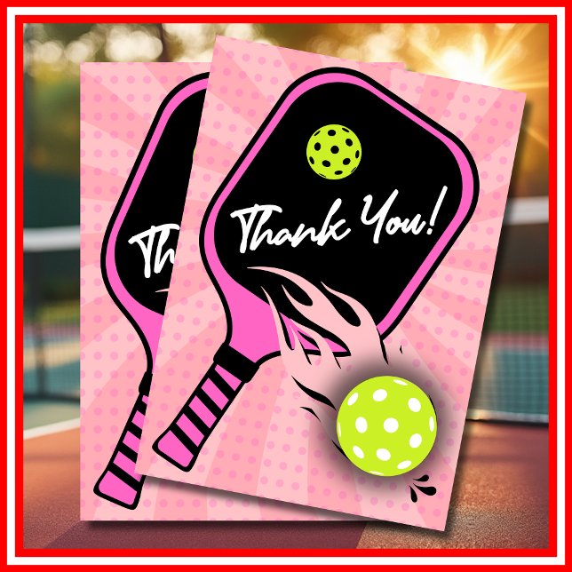 Pickleball Birthday RETRO Rand Rosa Sports Tack Kort (Pickleball Birthday RETRO Stripes Pink Sports Thank You Card)