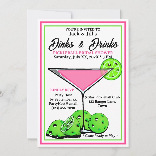 Pickleball Bröllopsdusch Dinks & Drinks Rosa Cosmo Inbjudningar (Framsida)