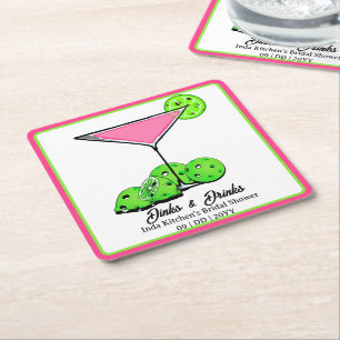 Pickleball Bröllopsdusch Dinks & Drinks Rosa Cosmo Underlägg Papper Kvadrat