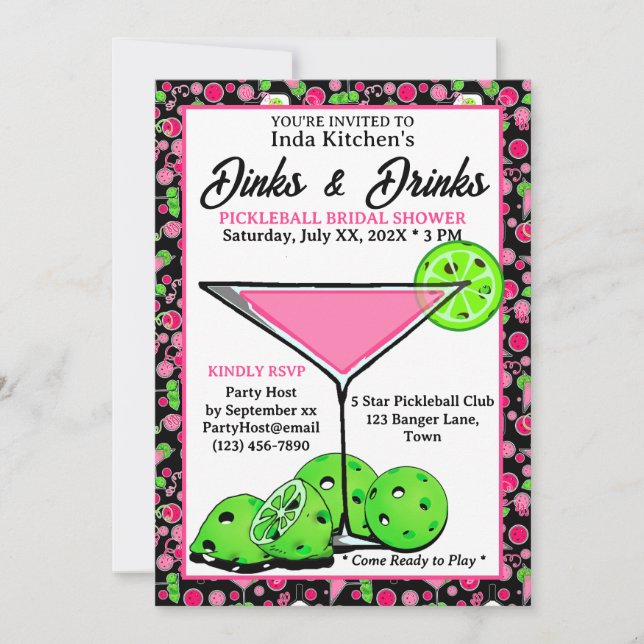 Pickleball Bröllopsdusch Dinks & Drinks Rosa Svart Inbjudningar (Framsida)