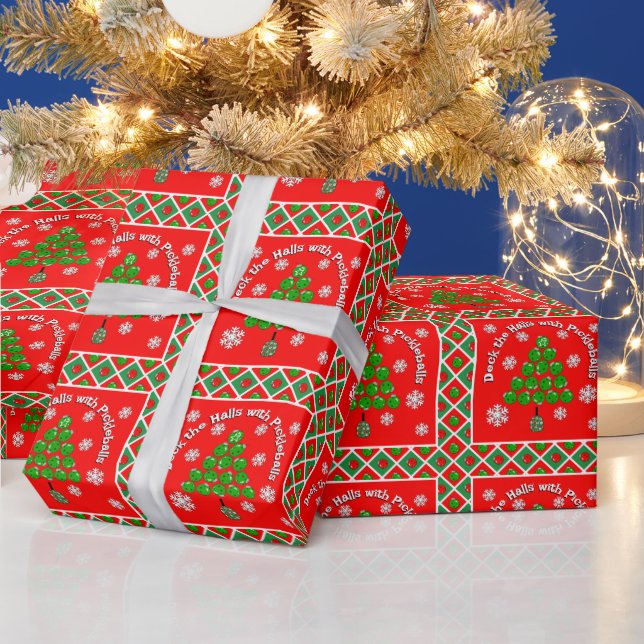 Pickleball Christmas Tree Deck the Halls Red Green Presentpapper (Helgdagar)
