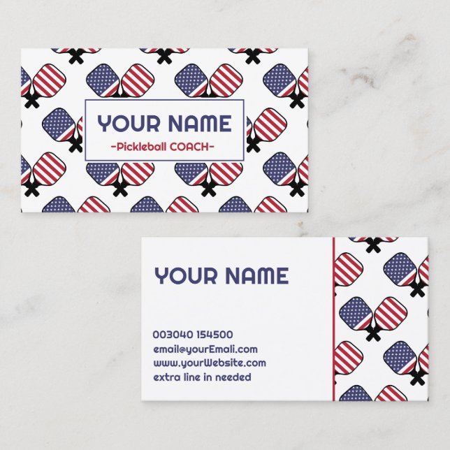 Pickleball Coach - USA mönster på vitt Visitkort (Fram/baksida)