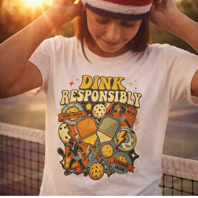Pickleball Dink Ansvarsfullt Paddle Spelare T Shirt (Fun Pickleball shirt. Bootleg 70's retro vintage look. Dink Responsibly. )