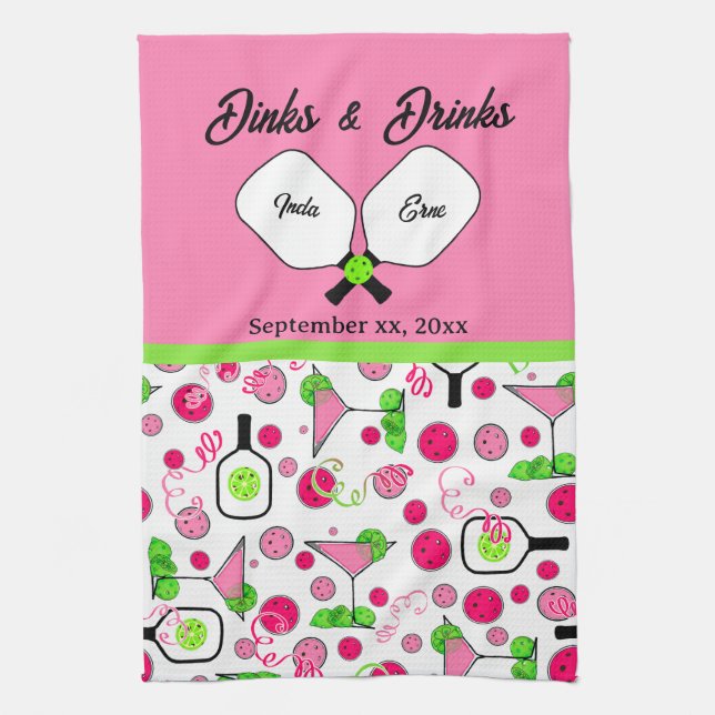 Pickleball Dinks & Drinks Bröllopsgåva Rosa Cosmo Kökshandduk (Vertikal)