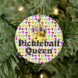 Pickleball Drottning Gul Boll i Kron Färgrik Julgransprydnad Keramik