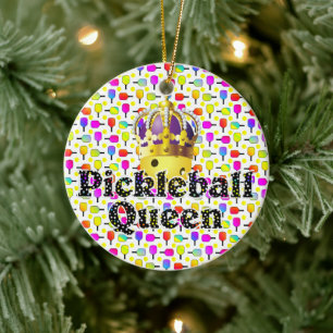 Pickleball Drottning Gul Boll i Kron Färgrik  Julgransprydnad Keramik