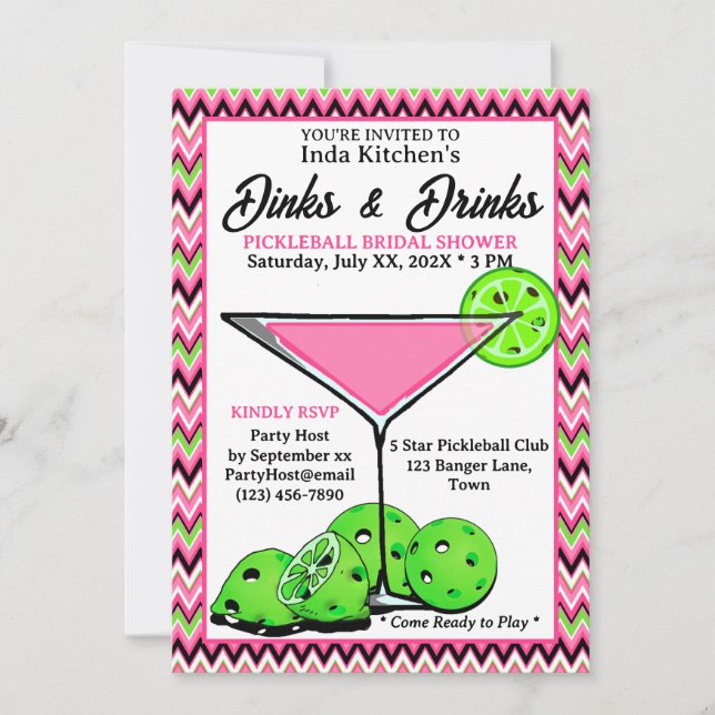 Pickleball Dusch Dinks & Drinks Rosa Chevron Inbjudningar (Framsida)