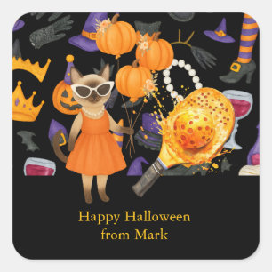 Pickleball halloween fest för kattälskare fyrkantigt klistermärke