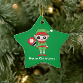 Pickleball jul Elf, Star Ceramic Ornament