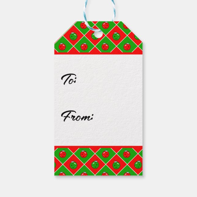 Pickleball jul Red and Grönt Ornament Checks Presentetikett (Baksidan)