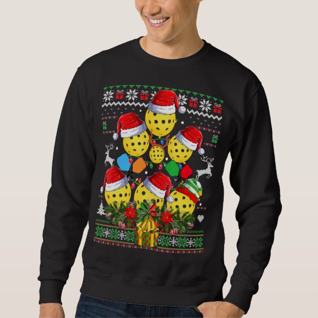 Pickleball Julgran Ugly Sweater Santa Paddl Lång Ärmad Tröja (Framsida)