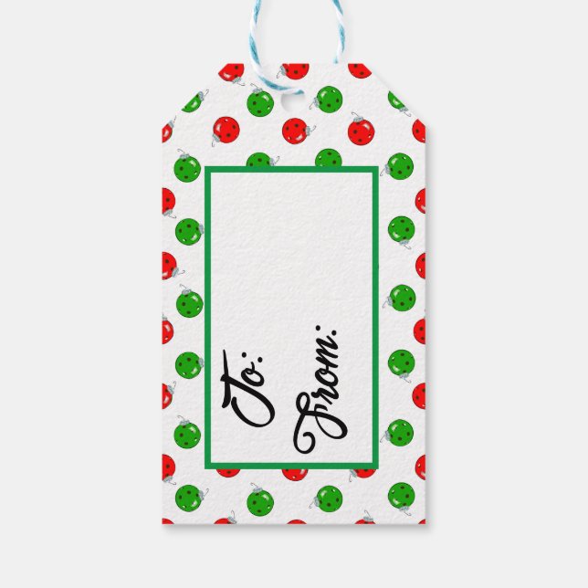 Pickleball julprydnadsföremål Röd Grönt på vit Presentetikett (Baksidan)