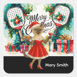 Pickleball-jultema för Cat Lovers Fyrkantigt Klistermärke