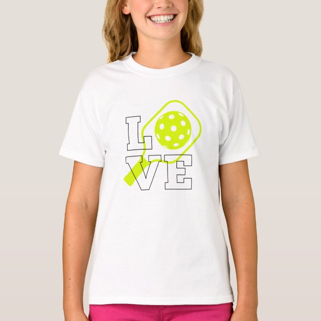 Pickleball Kärlek - Neon Paddle och Boll Design T Shirt (Framsida)