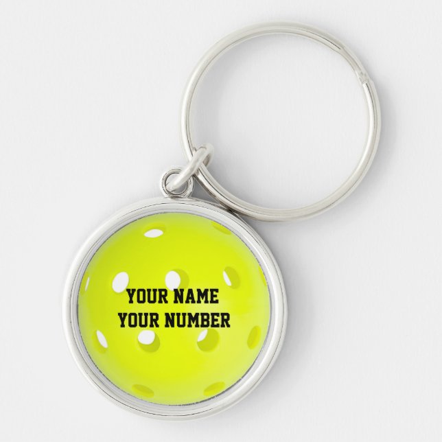 Pickleball Keychain ID-Märkre DITT NAMN OCH NUMMER Rund Silverfärgad Nyckelring (Framsidan)